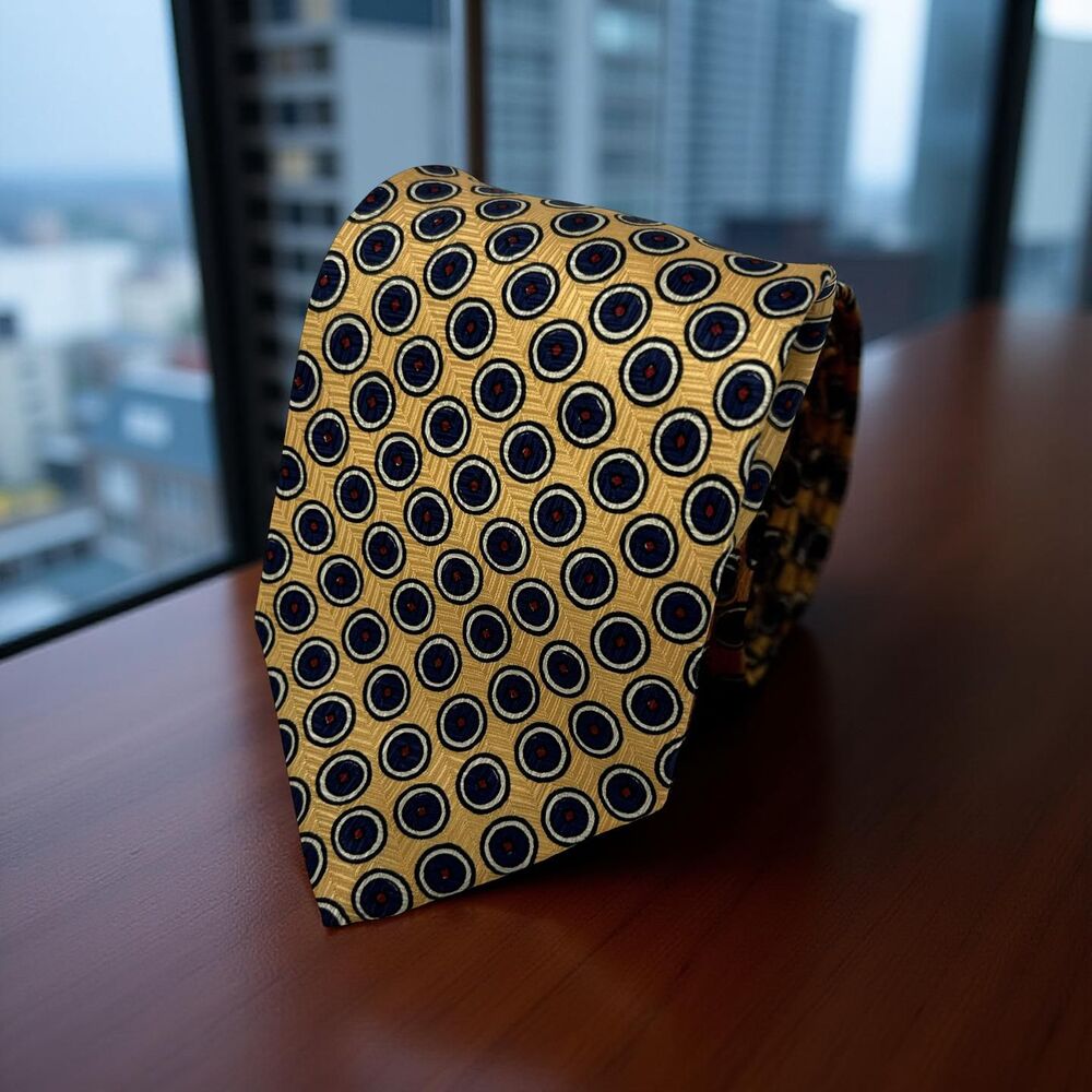 Polo by Ralph Lauren Silk Tie Gold Blue Geometric‎ Target Pattern  55.5" x 3.75"
